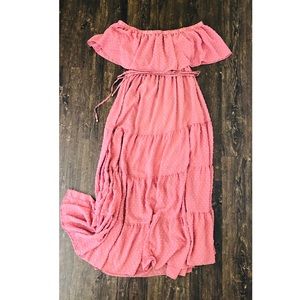Off the shoulder rust pink maxi dress